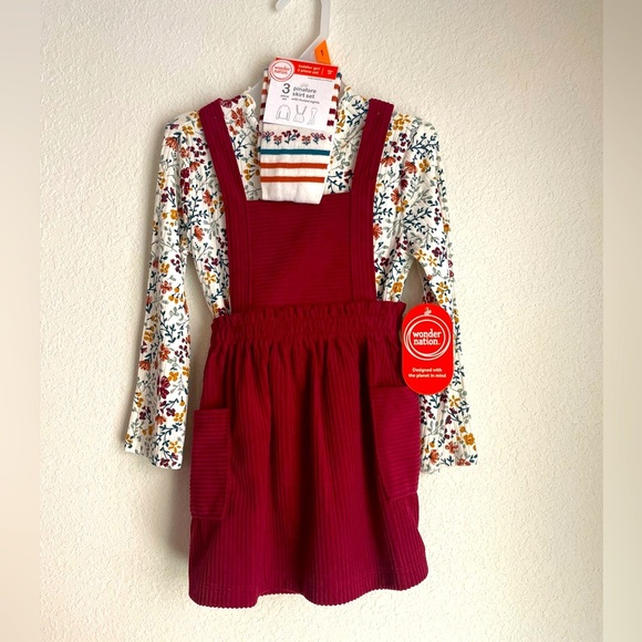 wonder nation Other - Wonder Nation Burgundy 3 piece Pinafore skirt set with Floral Top size 4T-NWT